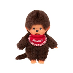 Monchhichi brown plush monkey toy with red gingham bib, small sitting figure with soft fluffy texture