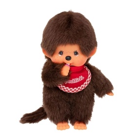 Monchhichi small brown plush monkey toy with red gingham bib, finger near mouth, soft fluffy texture
