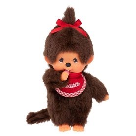 Monchhichi brown plush monkey toy with red bow, gingham bib, and finger-to-mouth pose