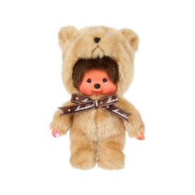 Monchhichi cream bear costume plush toy with brown polka dot bow, pink fingertips, small monkey face visible under hood