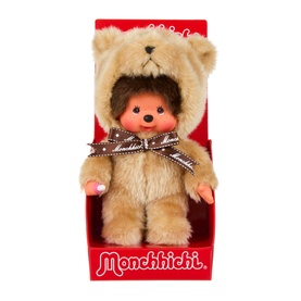 Monchhichi cream plush toy in red branded box, wearing bear hood and brown checked bow, small size