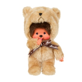Monchhichi cream bear plush toy with brown patterned bow, finger-to-mouth pose, soft fluffy bear hood costume