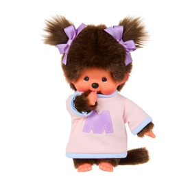 Monchhichi plush toy with brown fur, purple bow pigtails, pink sweatshirt with M logo, small size