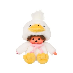 Monchhichi plush toy dressed in white duck costume with yellow beak, pink scarf, and yellow feet, small size