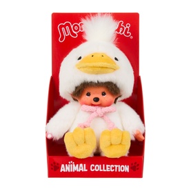 Monchhichi Animal Collection duck plush toy in white with yellow beak and feet, pink scarf, white pompom hat, in display box