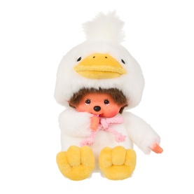Monchhichi plush toy dressed in white duck costume with yellow beak, feet, and pink bow, seated pose, small size