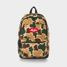 New Era Delaware Light Camo Backpack in multi camo print with red Heritage Script logo patch, black top handle and dual zip compartments.
