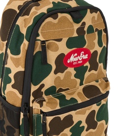 New Era Delaware Light Camo Backpack in green and tan camo print, showing front zip pockets and red oval logo patch detail.