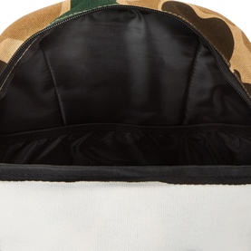New Era Delaware Light Camo Backpack interior view showing black padded lining and dual zip main compartment opening