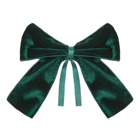 Oversized dark green velvet hair bow clip with long trailing ribbon tails and textured edge detail