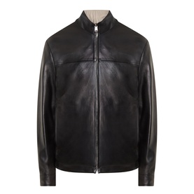 Canali black leather casual jacket with zip fastening, stand collar, and clean panel detailing