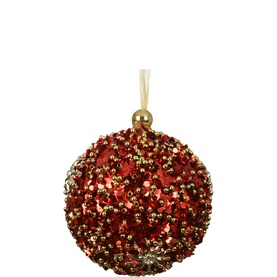 Kaemingk Glitter Ball Bauble Tree Decoration 8cm in red with beaded sequin finish, gold cap and organza ribbon hanger