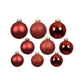 Kaemingk 21-Piece Glass Bauble Tree Decoration Set in red, mixed matt, shiny and glitter finishes, gold caps, assorted sizes