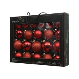 Kaemingk 21-Piece Glass Bauble Tree Decoration Set in red, mixed shiny, matt and glitter finishes, gold caps, in display box