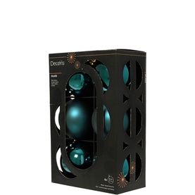 Kaemingk 6-Piece Glass Bauble Tree Decoration Set in teal green, mixed shiny and matt finishes, gold caps, boxed set