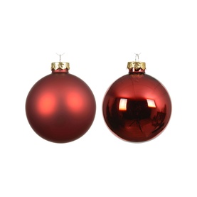 Kaemingk 4-Piece Glass Bauble Tree Decoration Set in dark red, showing matt and shiny finishes with gold aluminium caps