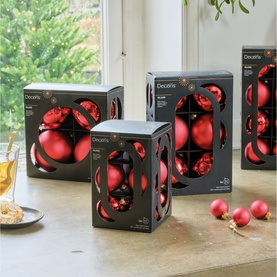 Kaemingk 4-Piece Glass Bauble Tree Decoration Set in red, mixed matt and shiny finishes, gold caps, shown in multiple boxed sets