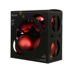 Kaemingk 4-Piece Glass Bauble Tree Decoration Set in red, mixed matt and shiny finishes, gold caps, presented in branded black box