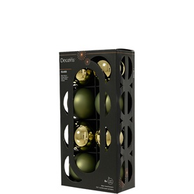 Kaemingk 8-Piece Glass Bauble Tree Decoration Set in green, assorted shiny and matt finishes, boxed set with black divider packaging