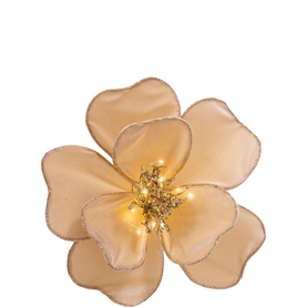 Champagne fabric flower decoration with gold glitter centre and warm LED lights, soft petal edges with gilt trim