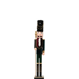 Kaemingk Velvet Nutcracker Decoration 76cm in green, pinewood with velvet finish, gold glitter detailing, black hat, holding staff