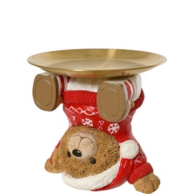 Kaemingk Bear Serving Tray 20cm, brown polyresin bear in red festive jumper lying down, holding gold-tone circular tray