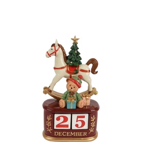 Kaemingk Rocking Horse Christmas Calendar Decoration 23.5cm in multi, polyresin with bear, Christmas tree, and date block showing 25 December