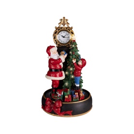 Kaemingk Santa and Child Clock Decoration 49cm in red and bronze, polyresin ornament featuring Santa, child, Christmas tree, and grand clock.