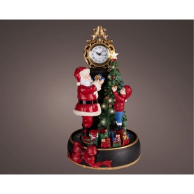 Kaemingk Santa and Child Clock Decoration 49cm in red and bronze, polyresin ornament featuring Santa, child, and lit Christmas tree with clock topper.