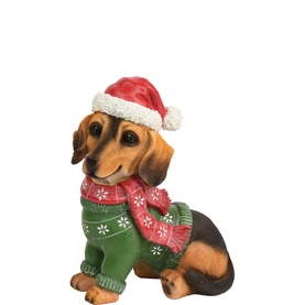 Kaemingk Dog Decoration 29cm, polyresin dachshund figurine in Santa hat, green and red festive jumper and scarf