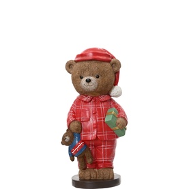 Kaemingk Standing Bear Decoration 35cm, red check pyjamas and Santa hat, holding toy bear and gift, polyresin Christmas ornament