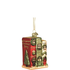 Kaemingk Glitter House Glass Tree Decoration 10cm, multicoloured book-shaped house with Christmas Story text, glitter detailing and gold ribbon hanger