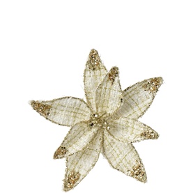 Kaemingk Glitter Poinsettia Stem Decoration in cream, polyester floral with gold glitter-edged petals and beaded centre detail
