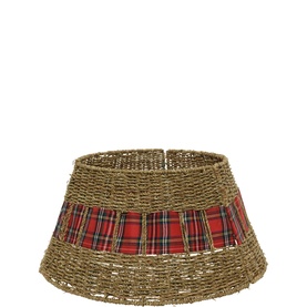 Kaemingk Sea Grass Tree Ring 70cm in natural woven sea grass with red tartan fabric band detail, conical base design