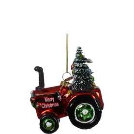 Kaemingk Glass Tractor Tree Decoration, red shiny finish with Merry Christmas detail, snow-tipped tree on top, gold hanger, 10cm