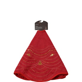 Kaemingk Velvet Christmas Tree Skirt 100cm in red with gold spangle flower embellishment and scalloped wave detail, 100cm diameter