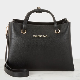 Mario Valentino Alexia Logo Tote Bag in black faux grained finish with gold-tone hardware, top handles, keeper loop, and detachable shoulder strap