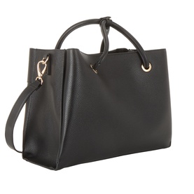 Mario Valentino Alexia Logo Tote Bag in black faux grained finish with gold-tone hardware, top handles, keeper loop, and detachable shoulder strap