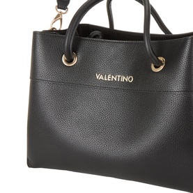 Mario Valentino Alexia Logo Tote Bag in black faux grained finish with gold-tone logo lettering, top handles, and visible shoulder strap
