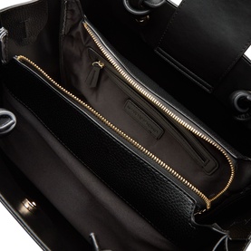 Mario Valentino Alexia Logo Tote Bag in black, interior view showing gold-tone zip pocket and branded lining