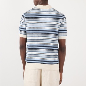 Model wearing NN07 Nolan Striped Polo Cardigan in Navy Multi, back view, short sleeves, horizontal stripes, styled with cream trousers