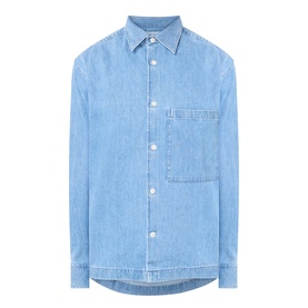 NN07 blue denim casual shirt, long sleeves, chest patch pocket, button-front fastening, curved hem, 100% cotton