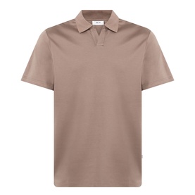 Taupe short-sleeve polo shirt with open collar and relaxed fit, displayed on a plain white background