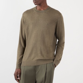 Model wearing NN07 Ted Linen Knitted Sweater in Capers, crew neck with ribbed trims, styled with olive trousers