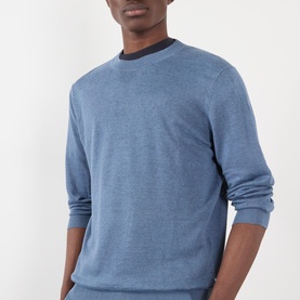 Model wearing NN07 Stone Blue linen crew neck jumper with contrast dark navy collar trim, long sleeves