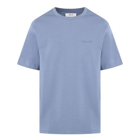 Plain blue crew neck T-shirt with tonal chest logo, short sleeves, relaxed fit, displayed flat on invisible mannequin