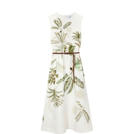 Reiss white sleeveless midi dress with green tropical leaf print and thin brown belt, A-line silhouette