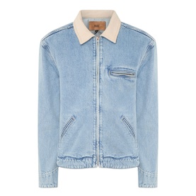 Paige Laughlin Acid Wash Denim Jacket in Moby, light blue rigid denim, cream brushed twill collar, front zip, chest and side welt pockets