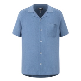 Paige Oliver Patch Pocket Casual Shirt in Lakeside blue, short sleeves, camp collar, chest patch pocket, textured pebbled loop knit fabric