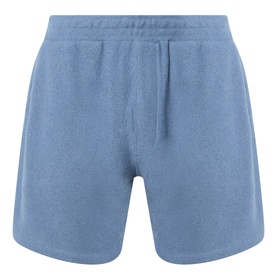 Paige Elijah Hidden Drawstring Shorts in Lakeside blue, pebbled loop knit fabric, elasticated waistband with hidden drawstring